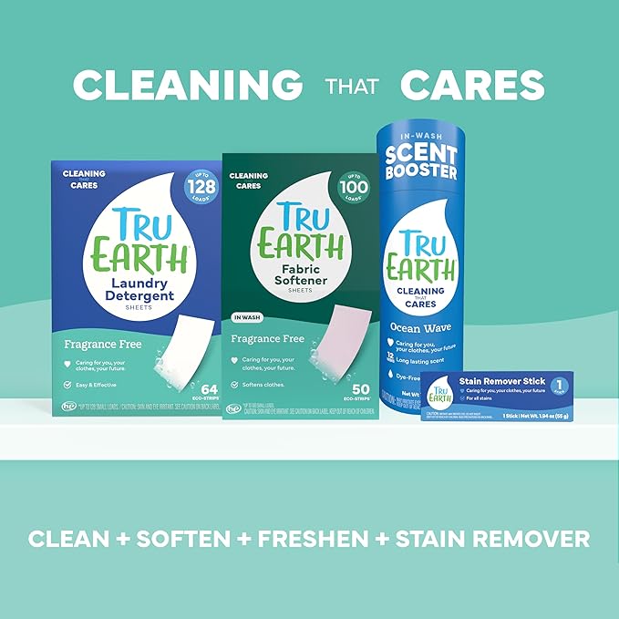 Tru Earth Compact Dry Laundry Detergent - Up to 128 Loads (64 Sheets) - Paraben-Free - Original Eco-Strip Liquidless Detergent, Travel | Packaging May Vary