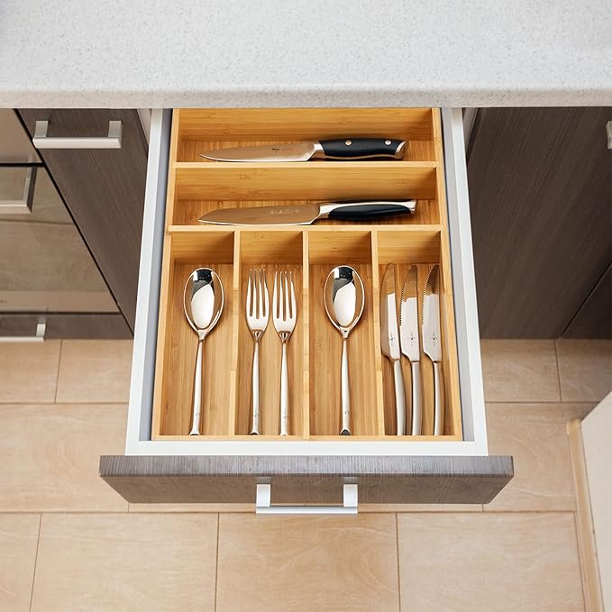 Umilife Kitchen Drawer Organizer, 12 Inch Silverware Utensil Tray Holder, Extra Deep, with Non-Slip Feet & Grooved Drawer Divider, 6 Slots Total Bamboo Wood Caddy for Flatware Cutlery Knives