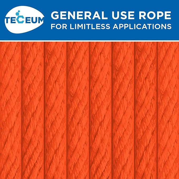 TECEUM Cotton Rope 3/16” (5 mm) – 50 FT – Strong All-Purpose Braided Rope – Natural Cotton – for Crafting, Сamping, Clothes Line, DIY, Indoor & Outdoor Use – Orange