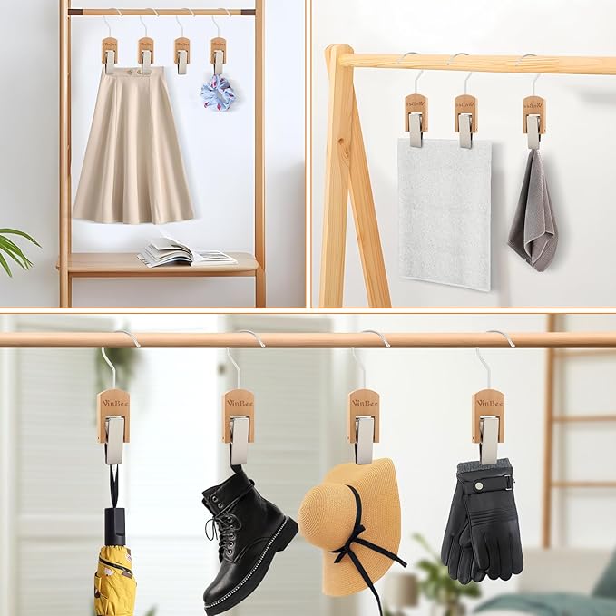 VinBee 6 PCS Hooks with Clips for Hanging,Wooden Laundry Hooks Hanging Clips Hook,Clothes Pins with Hook,Wooden Closet Organizer Clamps Clothes Clip Laundry Clip with Hook for Pants Hats Socks Gloves