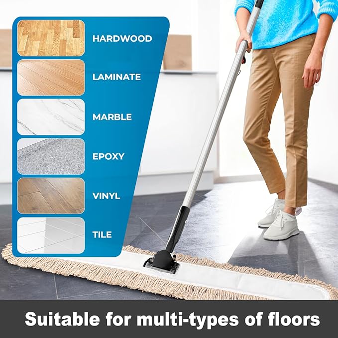 Commercial Dust Mop & Floor Sweeper,48" Industrial Dry Mop with Heavy Duty Long Handle, Premium Cotton Dust Mop Head for Hardwood Floors, Industrial, Commercial, and Residential Cleaning