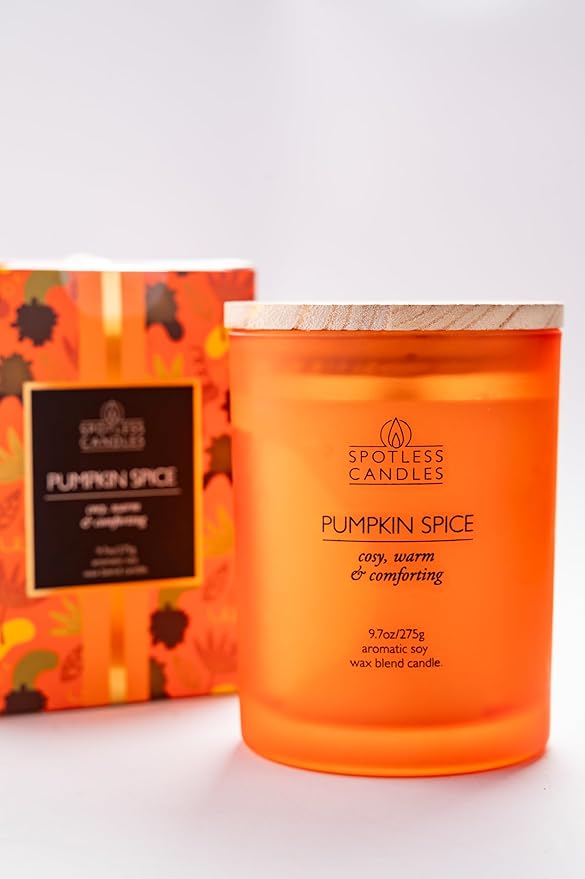 Pumpkin Spice Candle - 9.7 oz /275g Pumpkin Candle in Orange Frosted Glass Jar with Wooden Lid and Wooden Crackling Wick in Luxurious Gift Box - Cosy, Warm and Comforting