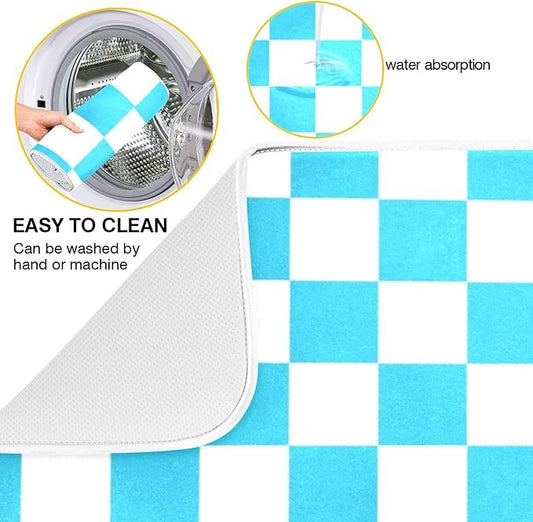 Turquoise Chessboard Dish Drying Mat for Kitchen Countertop 16x18 Teal Plaid Checkered Rectangle Small Drying Mat Reusable Quick Dry Dish Sink Absorbent Mats Easy Clean Decorative Home Essentials