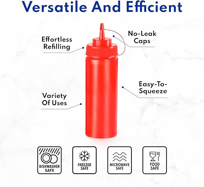 New Star Foodservice 26375 Squeeze Bottles, Plastic, 24 oz, Red, Pack of 6