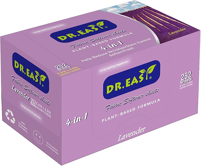 DR.EASY Dryer Sheets Plant Based Formula 252 Ct Fabric Softener sheets for Laundry Lavender Essential Oil Scented No Artificial Fragrances No Dyes Reduce Static & Wrinkles Help Repel Pet Hair