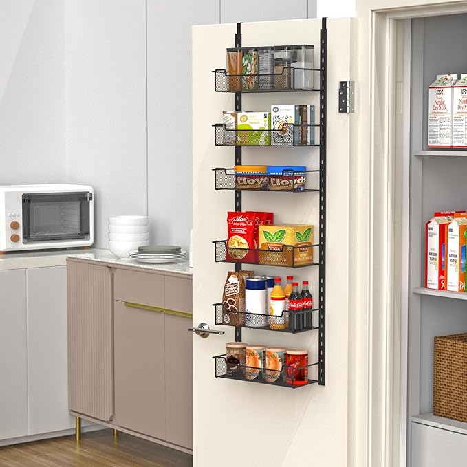 12.3" W Narrow Over the Door Pantry Organizer, 6-Tier Over the Door Organizer with Adjustable Basket, Pantry Door Organization for Pantry Kitchen Storage Room Spice Rack, Black