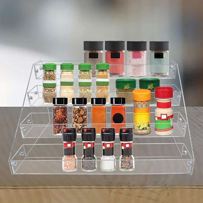 PMMASTO Tiered Spice Rack, Seasoning Organizer, Clear Acrylic Vertical Shelves Can Organizer for Countertop, Cabinet, Pantry, Kitchen Organization and Storage - 4 Tier