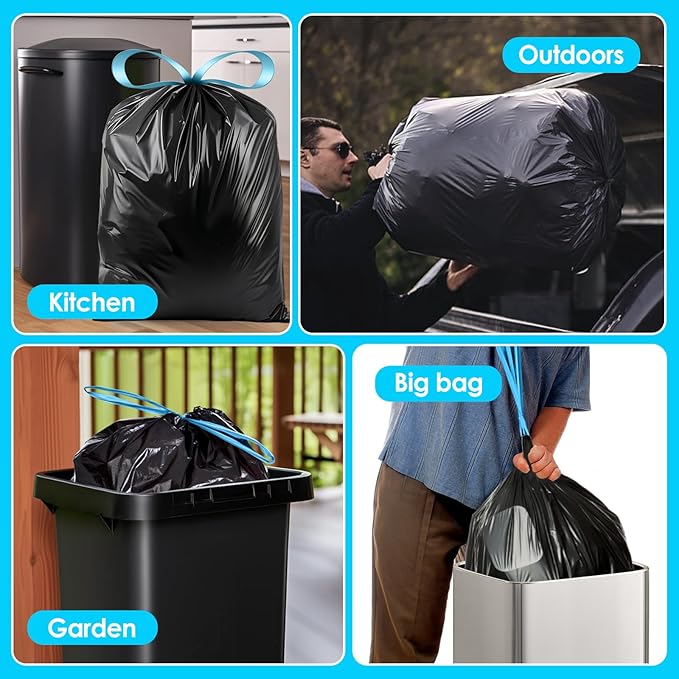 Teivio 20 Gallon 60 Counts (fit 18-20 Gal) Large Drawstring Trash Bags Strong Tall Kitchen Compactor Bags Garbage Bags for Home/Office/Light Residential Waste/Outdoor Trash Can, Lawn,Black Trash Bags