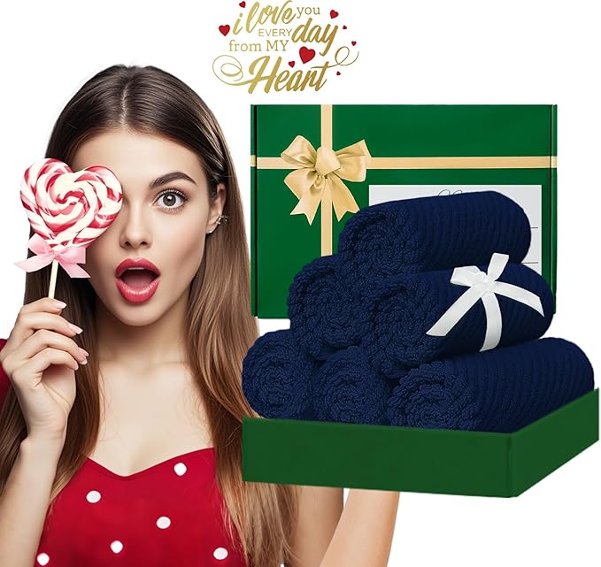 Wash Cloths for Your Face (13"x13") - 100% Cotton | Lightweight | Thick | Quick Dry | Soft | Absorbent, Hand Towels 6 Pack, Wash Cloths for Bathroom & Showering, Towel Gift Set, Navy Blue