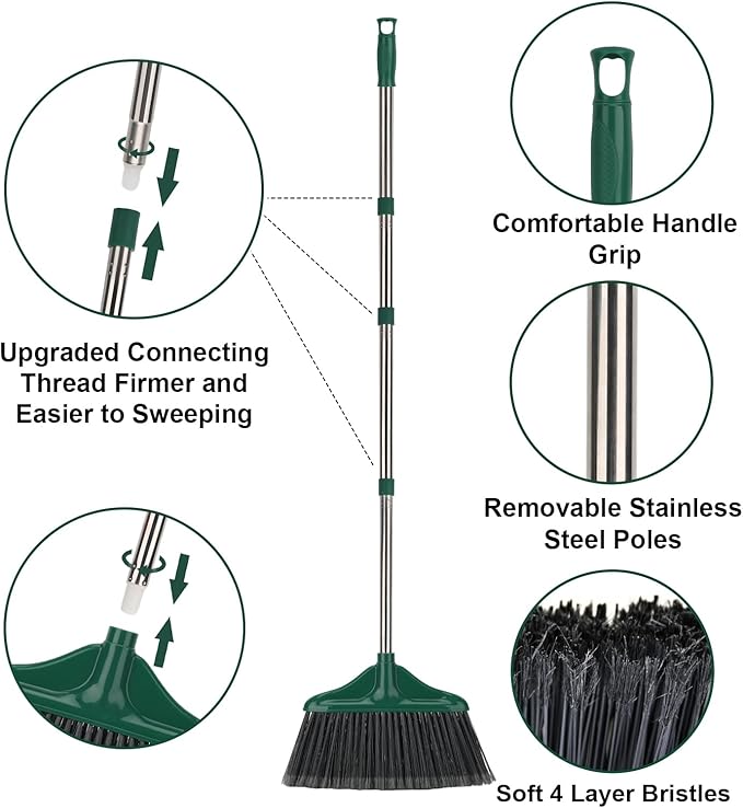 4 PCS Heavy Duty Broom Outdoor/Indoor Commercial Broom with 61" Long Handle,Perfect for Home Garage Kitchen Office Lobby Room Floor,Black and Green