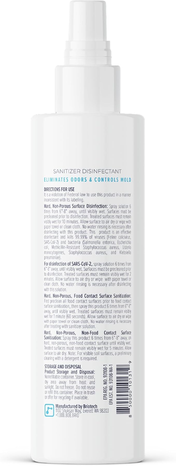 BRIOTECH Sanitizer Disinfectant Hypochlorous Spray, Kill 99.99% of Viruses & Bacteria, Control Mold, Eliminate Odor, Gentle for Nursery & Play Rooms, Food Contact Surface Sanitizer, 4 fl oz