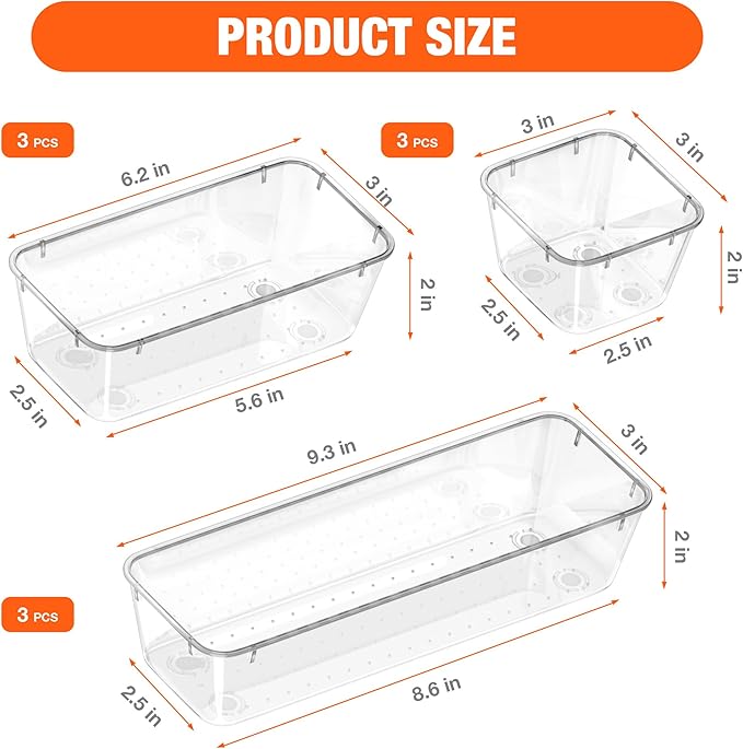 ValueMax 9 PCS Clear Plastic Drawer Organizers Set with Non-Slip Pads, 3 Sizes Desk Drawer Organizer for Vanity, Kitchen, Bathroom and Office