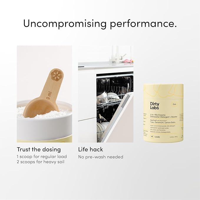 Dirty Labs | Dishwasher Detergent and Booster | Aestival Scent | 48 Loads (1 lb) | Ultra Clean, Spot Free, Quick Wash Optimized | Hyper Concentrated
