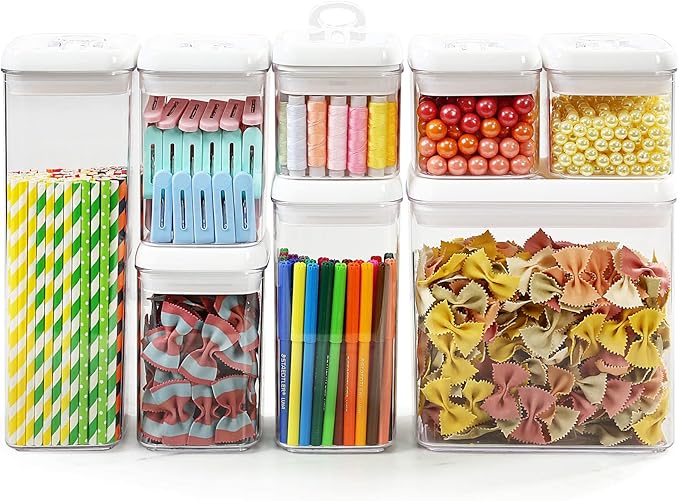 Felli Flip Tite Storage Container with Lid 4" RECTANGULAR Air Tight Ring Flip Top, Stackable Acrylic Canister for Kitchen Counter Pantry, Cereal Granola Pasta Spice, Gift Set for Women (4pk, Variety)