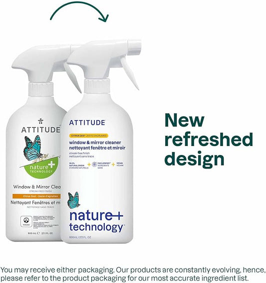 ATTITUDE Window & Mirror Cleaner, EWG Verified, Plant- & Mineral-Based, Vegan & Streak-Free Glass Spray, Citrus Zest Scent, 27.1 Fl Oz