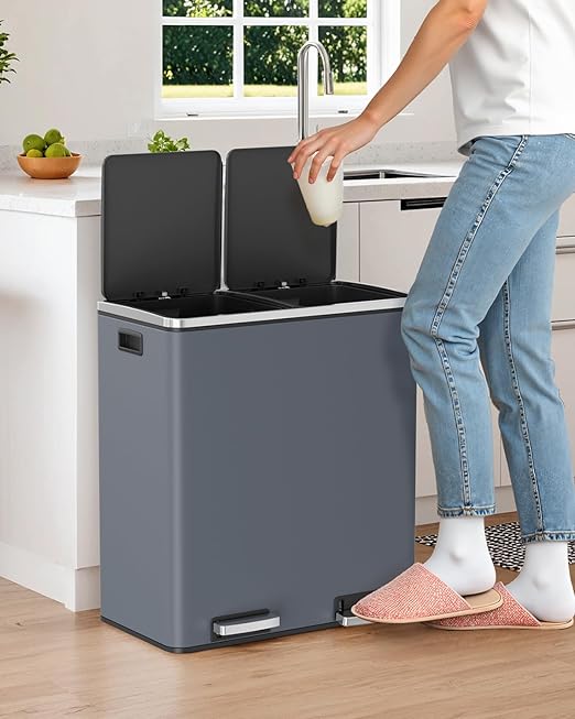Arlopu 16 GallonStainless Steel Trash Can, 60L Dual Compartment, Metal Kitchen Step Recycle Bin, Metal Double Dustbin, in-Home Garbage Rubbish Can W/Removable Liner Buckets (Grey)