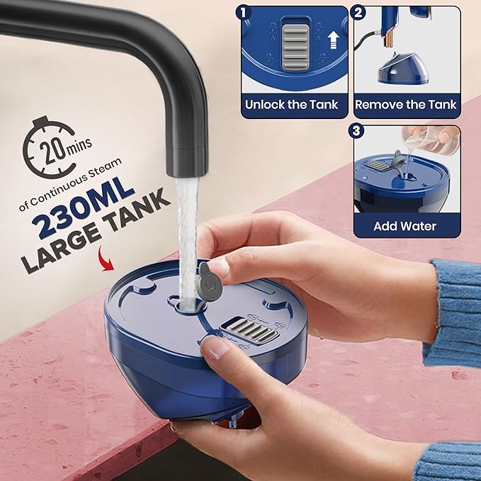 Humse Portable Steamer for Clothes โ 2 in 1 Travel Steamer Iron For Clothes, Light Weight with 230ml Water Tank- 20s Heat-up 1050W garment steamer, Fabric Wrinkle Remover with 180ยฐ Handle (Blue)