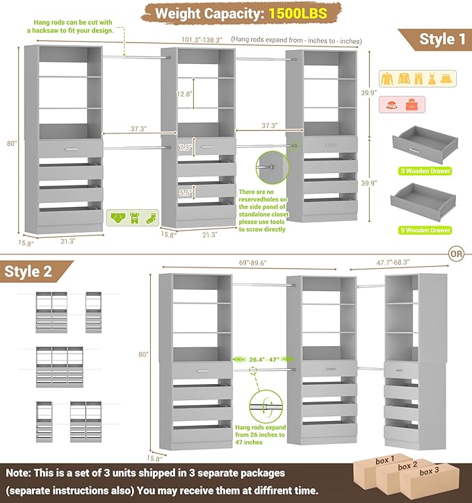 Aheaplus Closet System with 12 Drawers, 8.5-11.5Ft Wood Closet Organizer System with 4 Hanging Rods & 3 Towers, 4Ft & 6Ft L-Shaped Walk-in Closets Wardrobe Organizer Clothes Rack, Set of 3, Grey