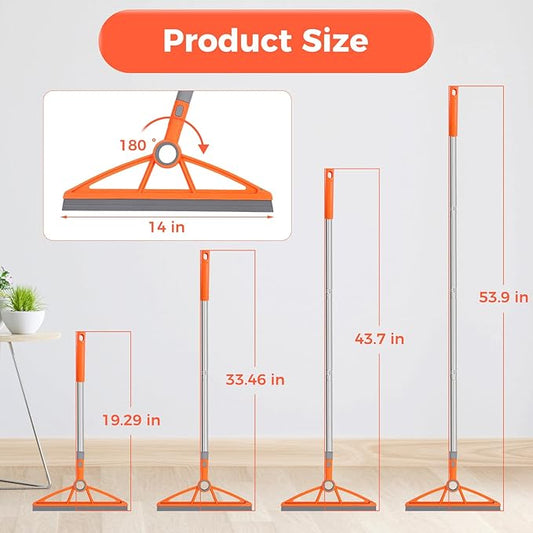 2-in-1 Air Broom, 180° Rotating 54 Inch Adjustable Silicone Rubber Broom Includes 2 Scraping Strips, Sweep and Silicone Tools with Long Handle for Cleaning Bathrooms,Glass,Tiles,Pet Hair