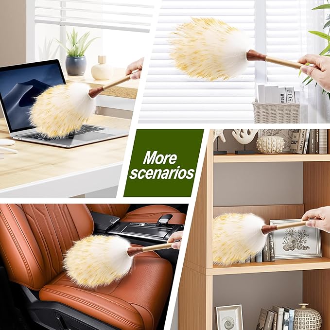 Natural Lambswool Duster 16 Inch Handheld with Wooden Handle Duster Dusting Tool for Blinds Electronics Furniture Delicate Surfaces (2Pcs)
