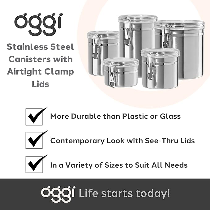 Oggi Stainless Steel Kitchen Canister 152 fl oz - Airtight Clamp Lid, Clear See-Thru Top - Ideal for Kitchen Storage, Food Storage, Pantry Storage. Jumbo Size 8" x 8".