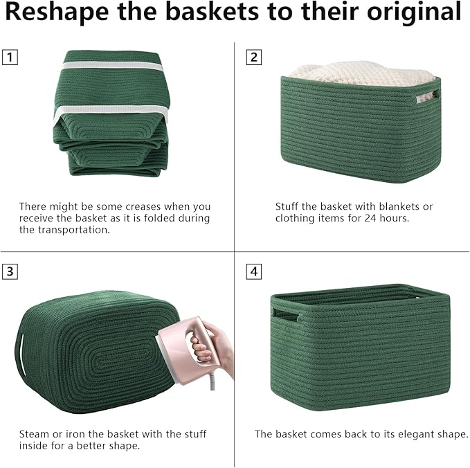 OIAHOMY 4 Pack Storage Baskets for Organizing, Cube Storage Bins for Shelves, Rectangle Storage Baskets With Handles, Woven Baskets for Storage, 12.7''Lx9''Wx7.8''H, Green