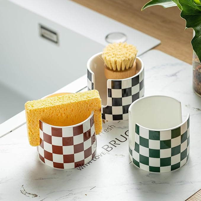 Ceramic Kitchen Sponge Holder, Dish Sponge Holder Suitable for Scrubby Farmhouse Dish Rack Brush Holder for Bathroom, Kitchen, Sink, Green and White