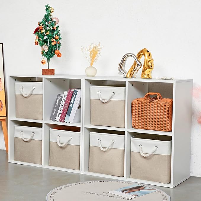 12 x 12 Inch Cube Storage Bins, 6 Pack Large Collapsible Fabric Storage Bin with Ropes, Foldable Storage Cubes for Home, Office,Closet, Clothes, Toys Organizer (White & Beige)