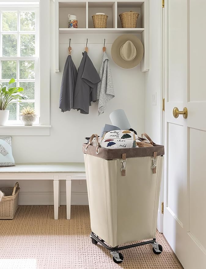 StorageWorks 160L Laundry Basket with Wheels, Large Rolling Hampers for Clothing Organizer, Dirty Clothes Basket for Hotel, Home, Closet, Dorm, Light Khaki