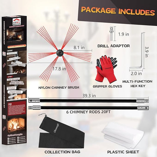 20 Feet Chimney Sweep Kit, Chimney Cleaning Kit with 6 Flexible Black Chimney Rods, Chimney Brush, Rotary Chimney Cleaning System Driven by Drill