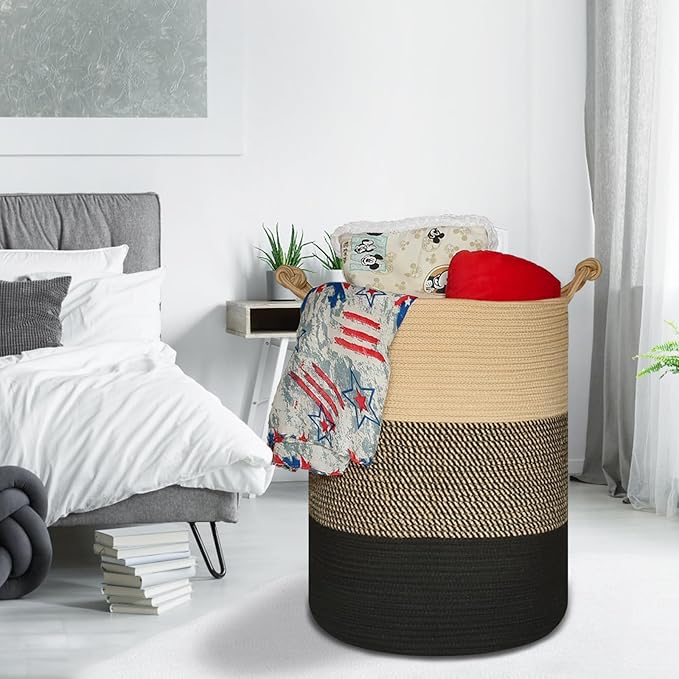 COMSE Extra Large Blanket Basket, Tall Woven Storage Basket, Nursery Hamper, 15.7”x 21.7”, Cotton Rope Laundry Hamper for Toys Clothes Towels, Brown/Black