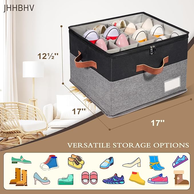 2 Pack Shoe Organizer for Closet, Adjustable Shoe Box Storage Containers, Large Foldable Shoe Bins with Clear Cover, Space Saving Shoes Holder with 4 Handles, Fits 16-32 Pairs, Black