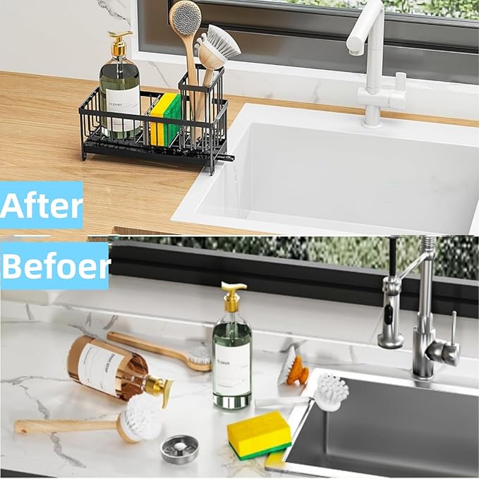 Sponge Holder for Kitchen Sink, Stainless Steel Sink Caddy with Auto Drain Tray, Kitchen Organizer with Towel Brush Holder for Countertop, Soap Dispenser Storage Accessories (Black Large)
