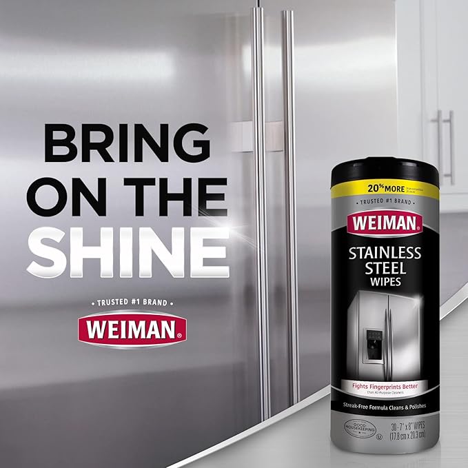 Weiman Stainless Steel Cleaner, 30 Count Cleaning Wipes, Removes Dirt, Grime, and Grease, No Streaks or Residue, Stainless Steel Polish for a Sparkling Clean and Shiny Surface, Cleaning Supplies