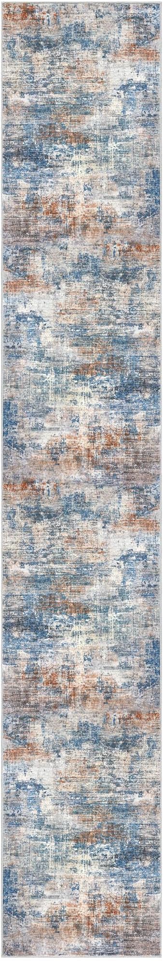 IOHOUZE Abstract Runner Rug 3x18 Ft Extra Long Washable Runners for Hallways, Non Slip Kitchen Runner Printed Faux Wool Entryway Runner Indoor, Modern Abstract Floor Carpet for Hall Stair, Blue Rust