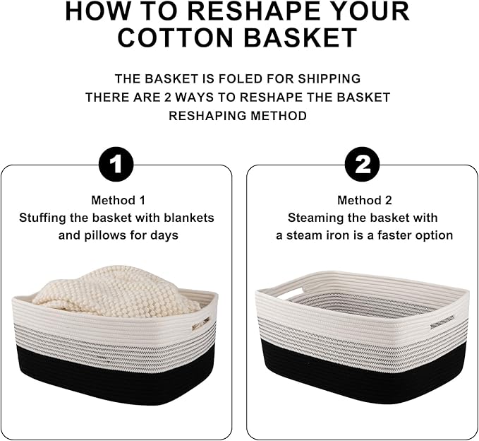 Large Storage Basket for Organizing, Woven Rope Basket for Shelves, Closet Organizer Bins for Clothes, Blanket, Toys, Baby Nursery Storage, 17.7" x 13" x 7.87", 2 Packs Gradient Black
