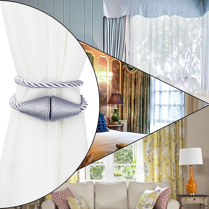 6 Pack Magnetic Curtain Tiebacks Rope Modern Handmade Curtain Tie Backs Decorative Drapes Weave Holdbacks for Window Décor, Grey