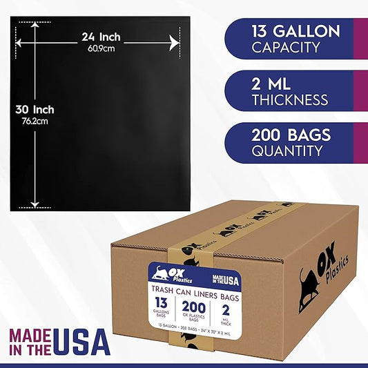 OX Plastics Black Trash Bags - Heavy Duty Garbage Bags, Extra Thick Unscented Large Trash Can Liners for Home, Outdoor, and Commercial Use - 13 Gallon, 200 Count