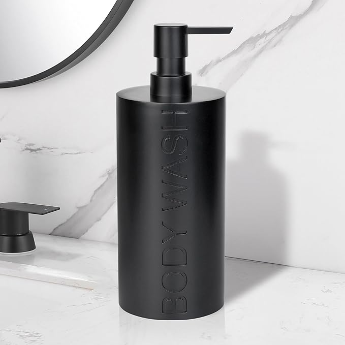 Matte Black Body Wash Dispenser Luxurious Refillable Pump Bottle with Embossed Text, Durable Construction for Bathroom and Shower