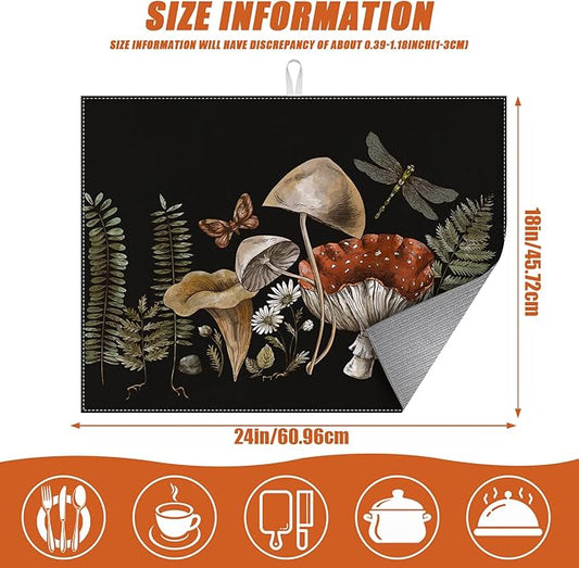 Vintage Mushroom Dish Drying Mat for Kitchen Counter Microfiber Absorbent Dish Kitchen Drying Mat Draining Reusable Washable for Dishes/Utensils/Counterto