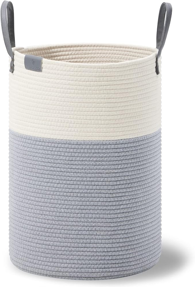 VIPOSCO Tall Laundry Basket, Large Dirty Clothes Hamper with Leather Handle, Woven Rope Storage Basket for Blanket, Toy In Living Room, Bathroom, Bedroom - 72L Grey & White