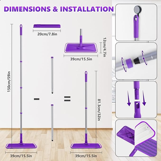 Microfiber Mops for Floor Cleaning - BPAWA Flat Floor Mop with 4 Reusable Washable Pads fit for Swiffer Powermop Kitchen Wet Dry Dust Mop for Hardwood Laminate Wood Tile Ceramic Vinyl Wall Floors