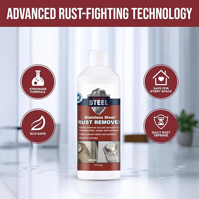 Stainless Steel Rust Stain Remover & Cleaner, NSF Approved Safe for Food Areas. Non-Toxic Stainless Steel Cleaner for Appliances is Perfect for Commercial Use, Your Fridge, Best Knife, Pan (17 oz)