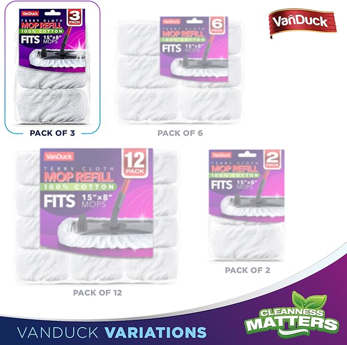 VanDuck 100% Cotton Terry Mop Pads 15x8 Inches 3-Pack, Terry Cloth Mop Covers (Handle is Not Included)