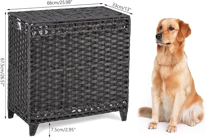 Laundry Hamper with 3 Removable Liner Bags; 132L Handwoven Rattan Laundry Basket with Lid & Heightened Feet; Clothes Hamper with Side Handles; Laundry Sorter with 3 Separate Sections (Black)