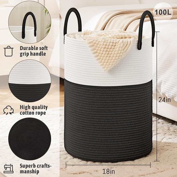 Laundry Basket,Woven Cotton Rope Laundry Hamper,80L for Decorative Storage of Dirty Clothes,Toys and Blankets in Bathroom,Baby Room and Living Room