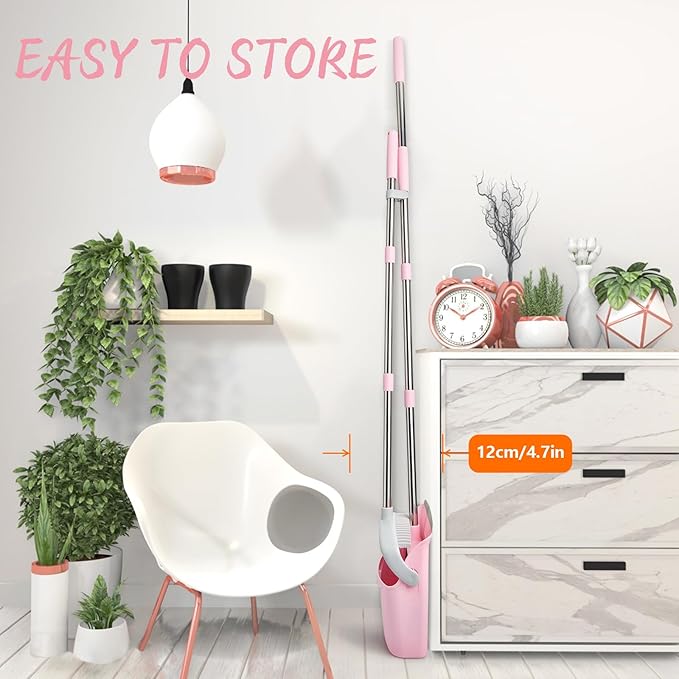 Broom and Dustpan Combo Set, Long Handle and Standing Dust Pan with Comb Teeth, Efficient Floor Cleaning for Kitchen, Outdoor, Dorm, Apartment, Office Lobby (Pink Gray)