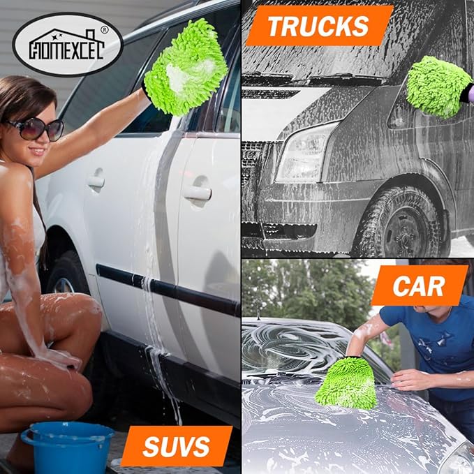 HOMEXCEL Car Wash Mitt, 2PK Chenille Microfiber Wash Mitt, Scratch-Free & Lint-Free, Rich Foam, Highly Absorbent, Double Sided, Perfect for Car Washing and Detailing, 10.2" x 6.7 ", Green
