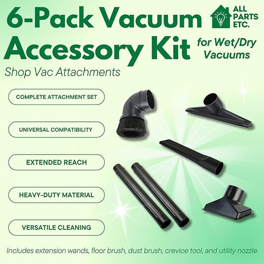 2 1/2 inch Attachments & Accessories 2.5 Wet Dry Vac - Extension Wands, Floor Brush, Dust Brush, Crevice Tool, Utility Nozzle, Compatible with Shop Vac - 6-Pack Attachments