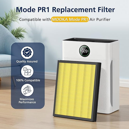 PR1 Replacement Filter for Mooka PR1 Air Purifier for Home Large Room up to 2200sq.ft, 2 Pack 3-in-1 HEPA Activated Carbon, with 4Pcs Washable Filter for Pets,Yellow